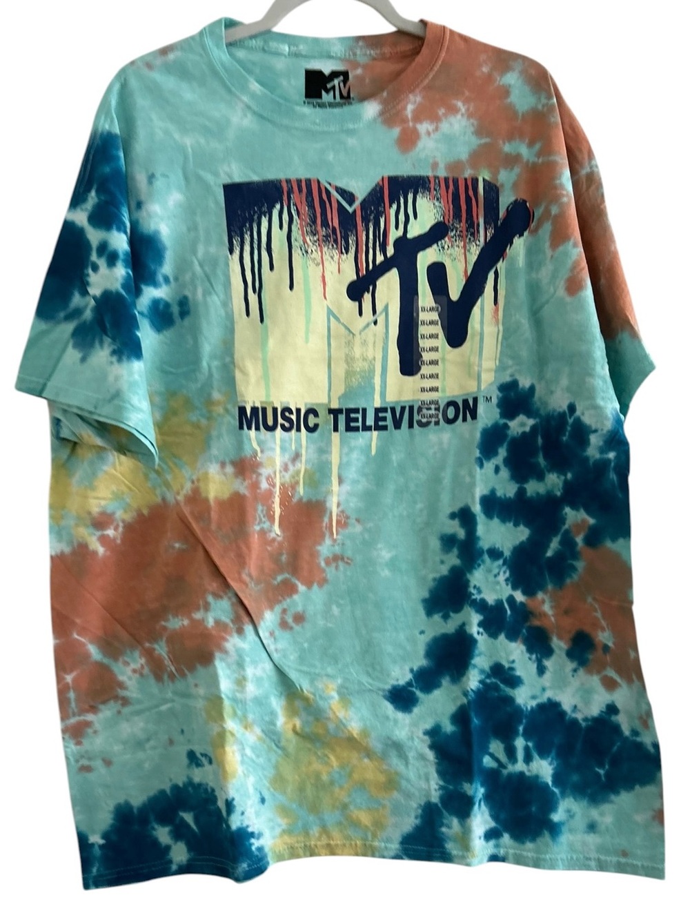MTV Tie-Dye Logo Tee in Teal, Orange & Navy Unisex Size 2XL